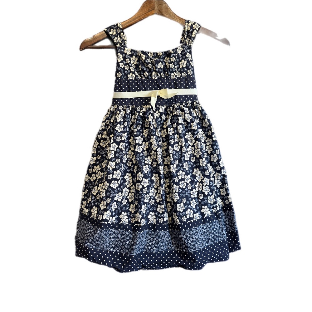 Bonnie Jean Floral Polka Dot Dress‎ Kids Size 6 Navy Blue Excellent Sleeveless